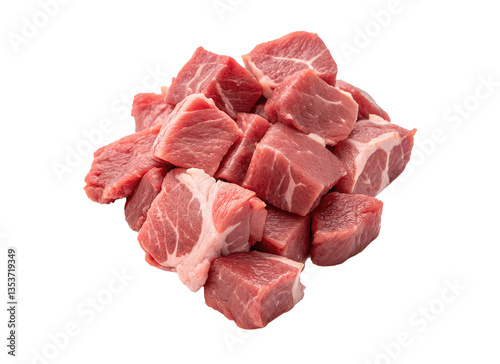 Fresh lamb fillet cut into diced pieces, tenderloin cubes, or chopped portions, isolated with white transparent background. Perfect PNG cutout for recipes