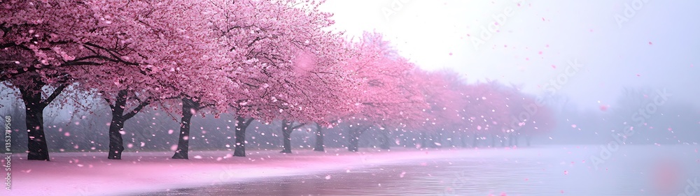 Fototapeta premium Beautiful cherry blossom trees line a path with falling petals gently