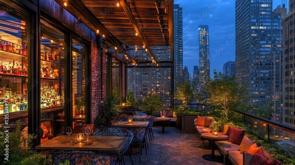 Elegant rooftop lounge offering cityscape vistas at twilight in New York