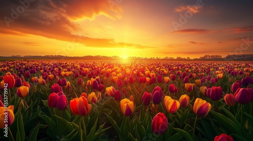 Colorful red and pink tulip flowers bloom in a beautiful spring field at sunset under the sky