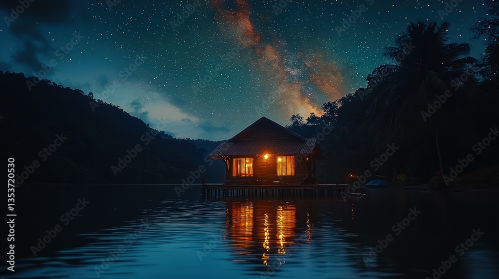 Fototapeta premium Night, Illuminated Cabin on Lake, Stars & Milky Way