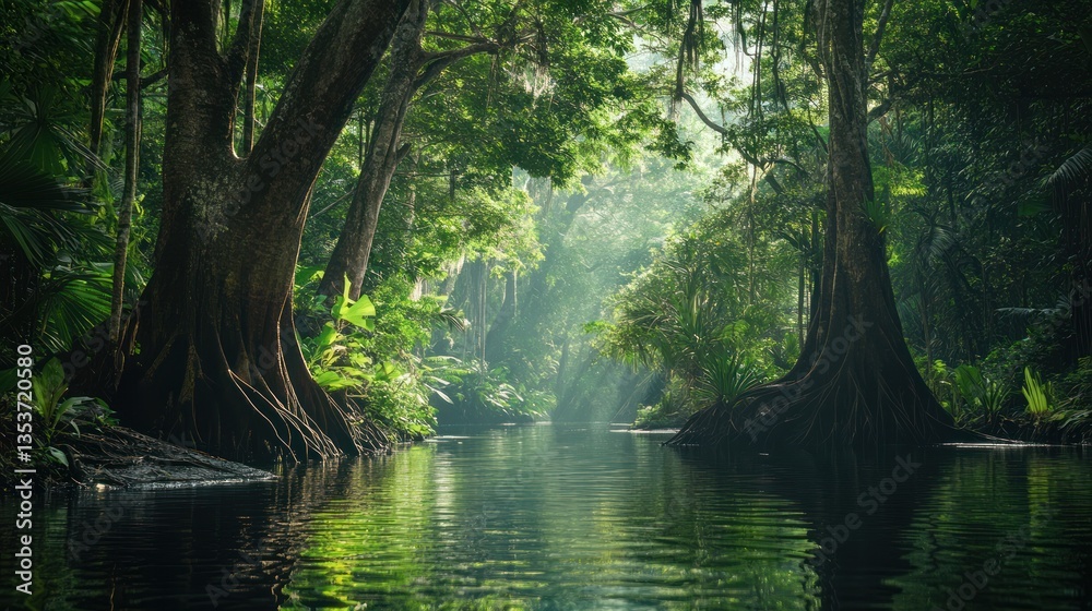 Obraz premium Serene river flows through dense rainforest surrounded by towering trees