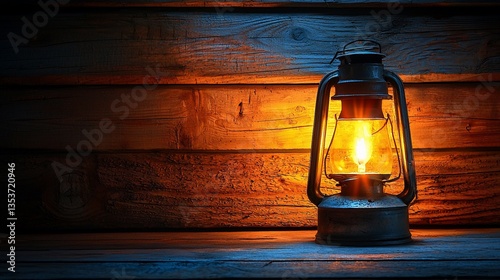 Glowing vintage oil lantern on rustic wooden background.