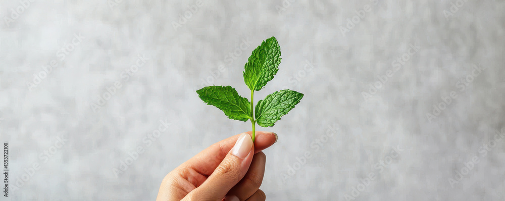Fresh mint leaves held delicately in hand, showcasing their vibrant green color and textured surface, evoke sense of freshness and nature