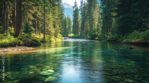 Serene Mountain River in Lush Forest