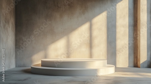Minimalist white platform in sunlit room.