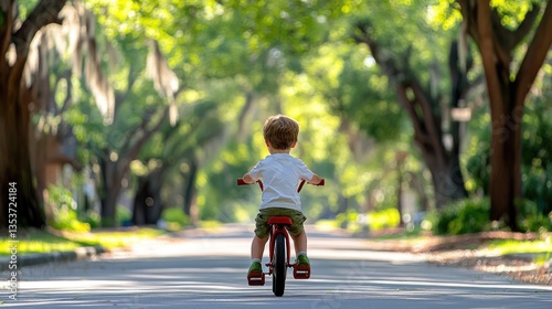 Wallpaper Mural Boy riding a bright red bicycle on a quiet street, with trees lining the background. Torontodigital.ca