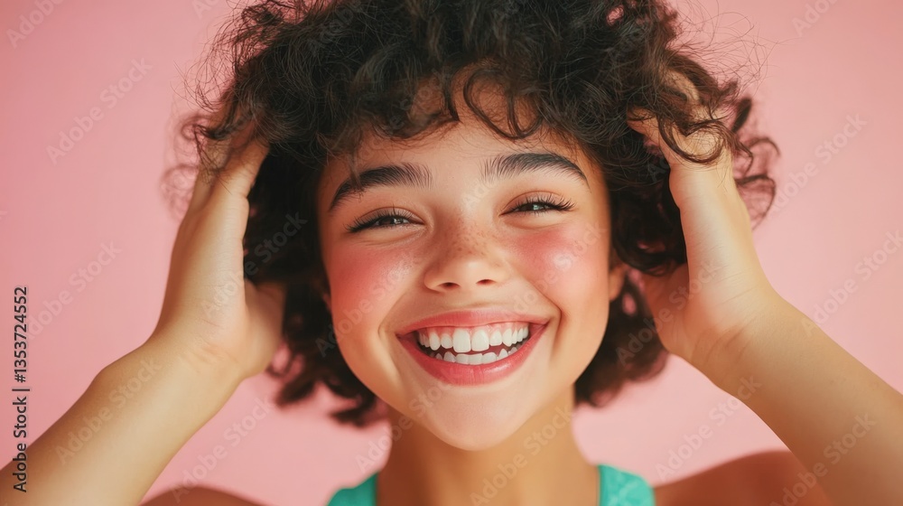 Smiling woman touches her hair Smiling woman touches her hair