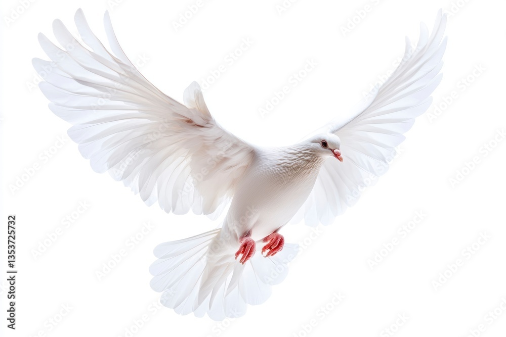 Fototapeta premium White Dove Flying with Spread Wings Against a Clean White Background