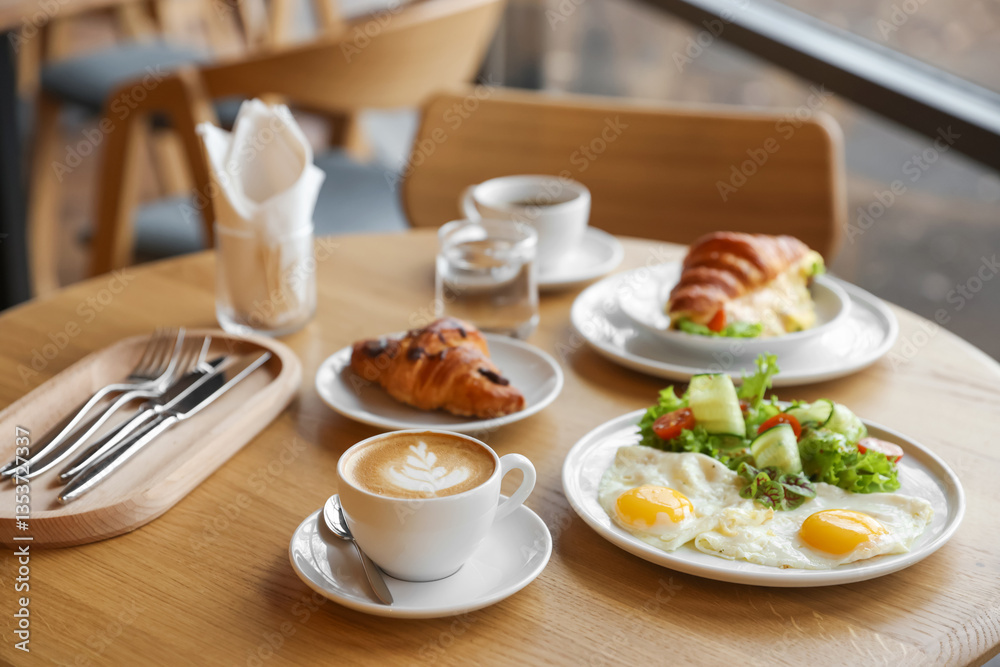 Delicious breakfast served on wooden table in cafe Delicious breakfast served on wooden table in cafe