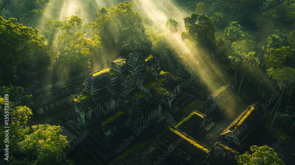 Obraz premium Drone shot of an ancient temple hidden in a dense jungle
