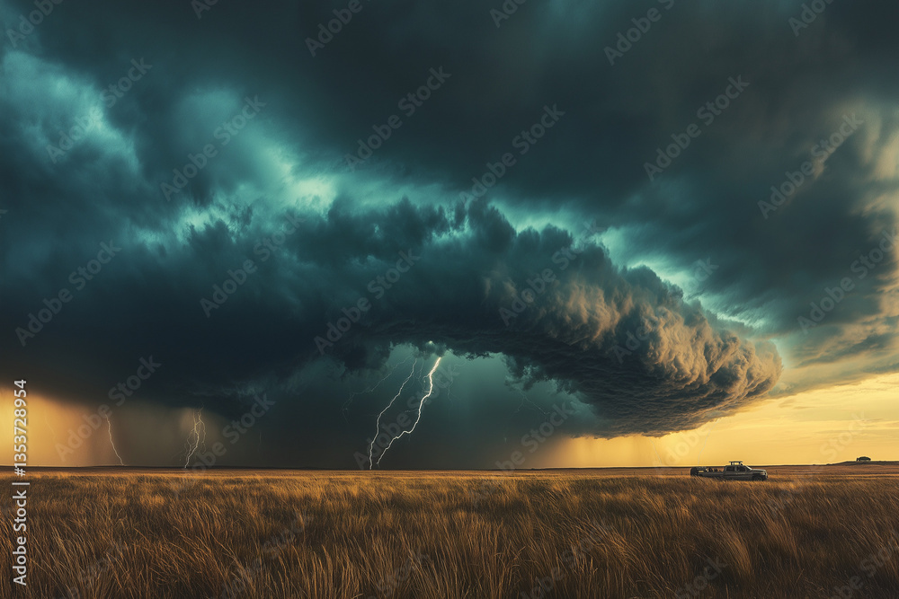 Fototapeta premium Dramatic Huge Thunderstorm Brewing Fiercely Over a Vast Plain with Intense Lightning and Turbulent Skies