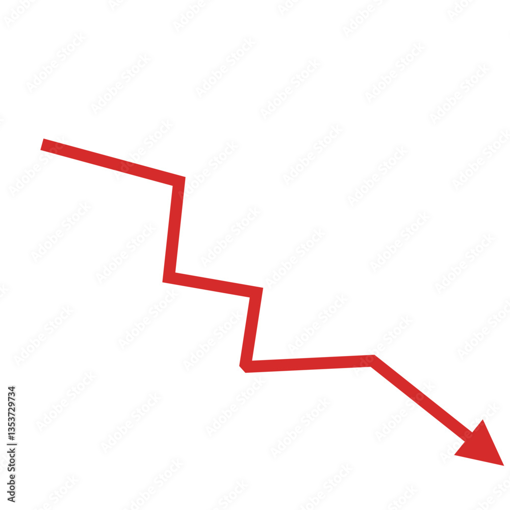 Red arrow going down stock icon. Financial market crash icon for your website design. Graph chart downtrend symbol. Red arrow going down stock icon. Financial market crash icon for your website design. Graph chart downtrend symbol.