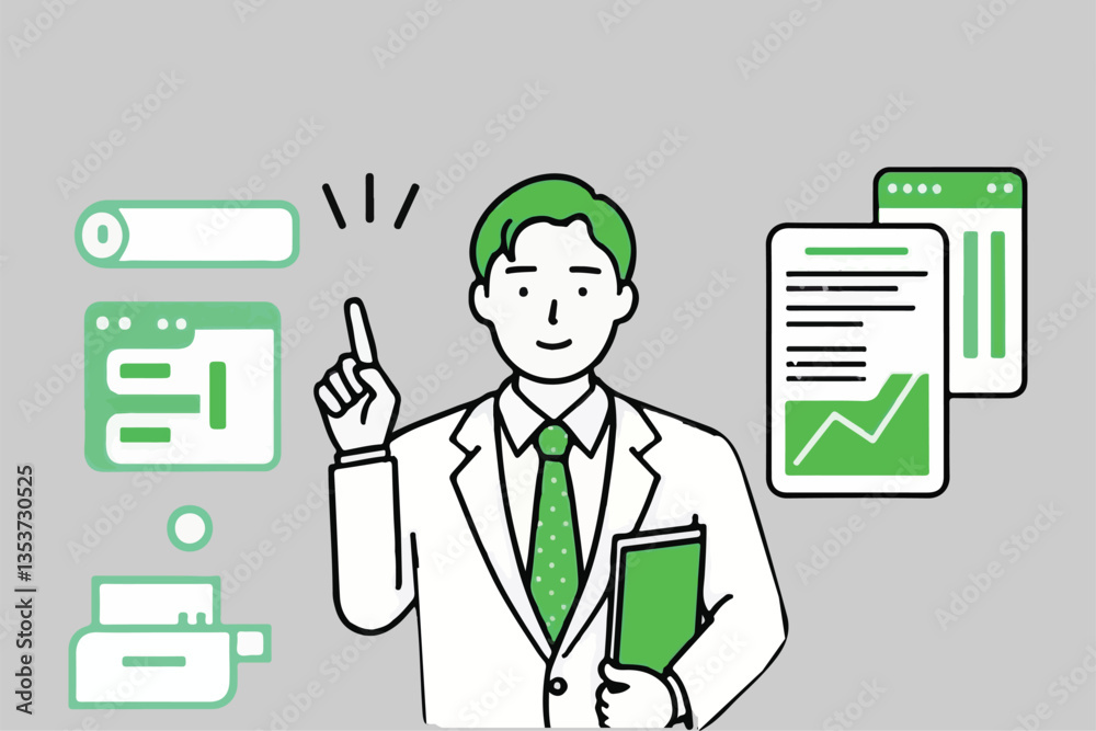 Data Analysis Expert Pointing Upward, Explaining Reports and Charts, Insight. Data Analysis Expert Pointing Upward, Explaining Reports and Charts, Insight.