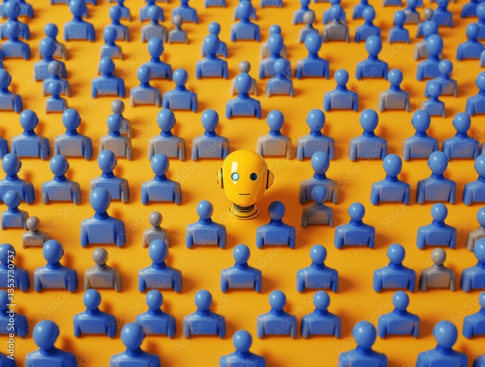 Obraz premium Standing out concept with a yellow robot head among blue human figures on an orange background. Symbolizing uniqueness and individuality in technology. Ai generative