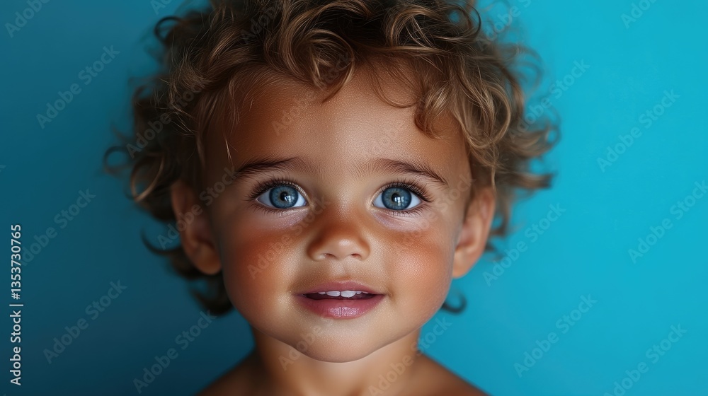 Close-up portrait of a toddler with expressive eyes and curly hair against a vibrant turquoise background. A sweet, innocent child with captivating eyes Close-up portrait of a toddler with expressive eyes and curly hair against a vibrant turquoise background. A sweet, innocent child with captivating eyes