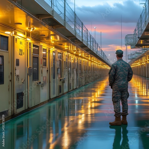 Guard patrolling prison corridor at sunset