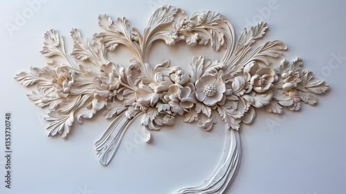 Intricate floral carving in white plaster with detailed petals and leaves