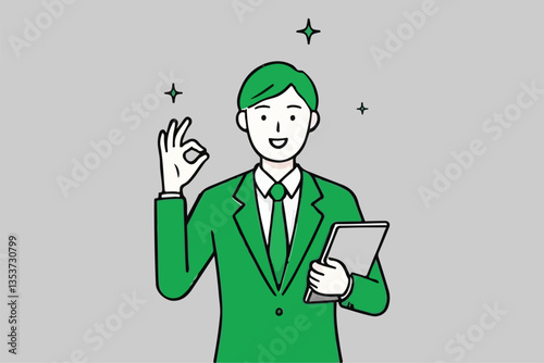 Positive Business Outcome: Man with Okay Sign and Clipboard, Achieved Success. 