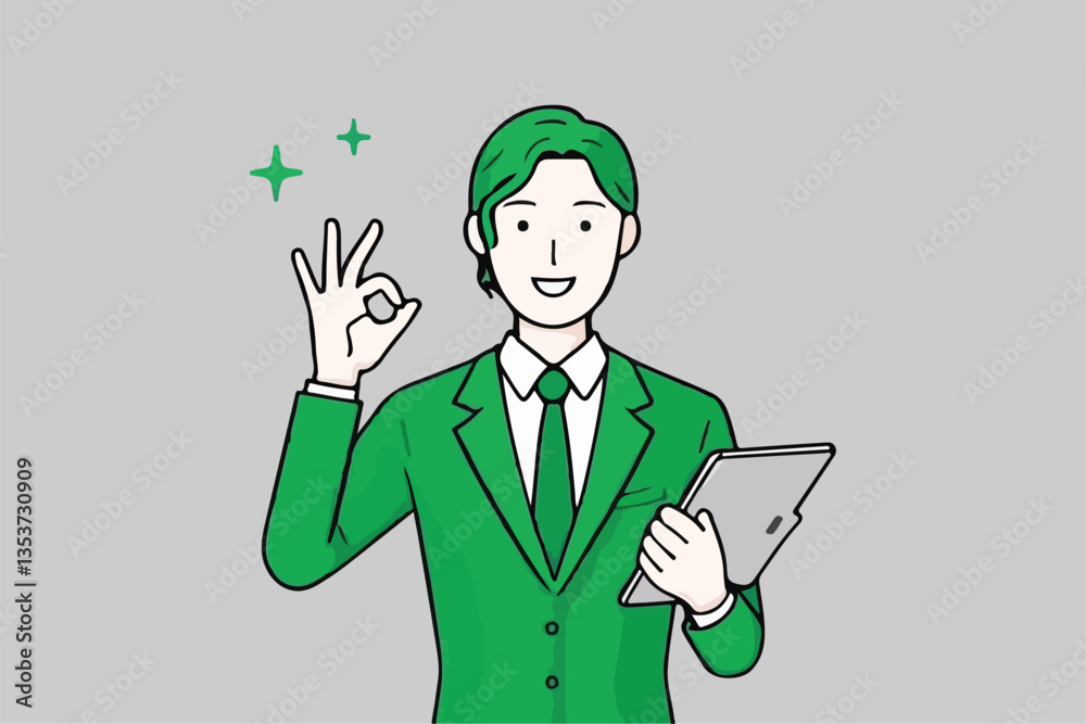 Successful Business Approval: Man with Okay Sign, Holding Clipboard, Sparkle. Successful Business Approval: Man with Okay Sign, Holding Clipboard, Sparkle.