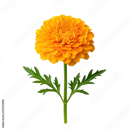 Bright orange marigold flower with green leaves