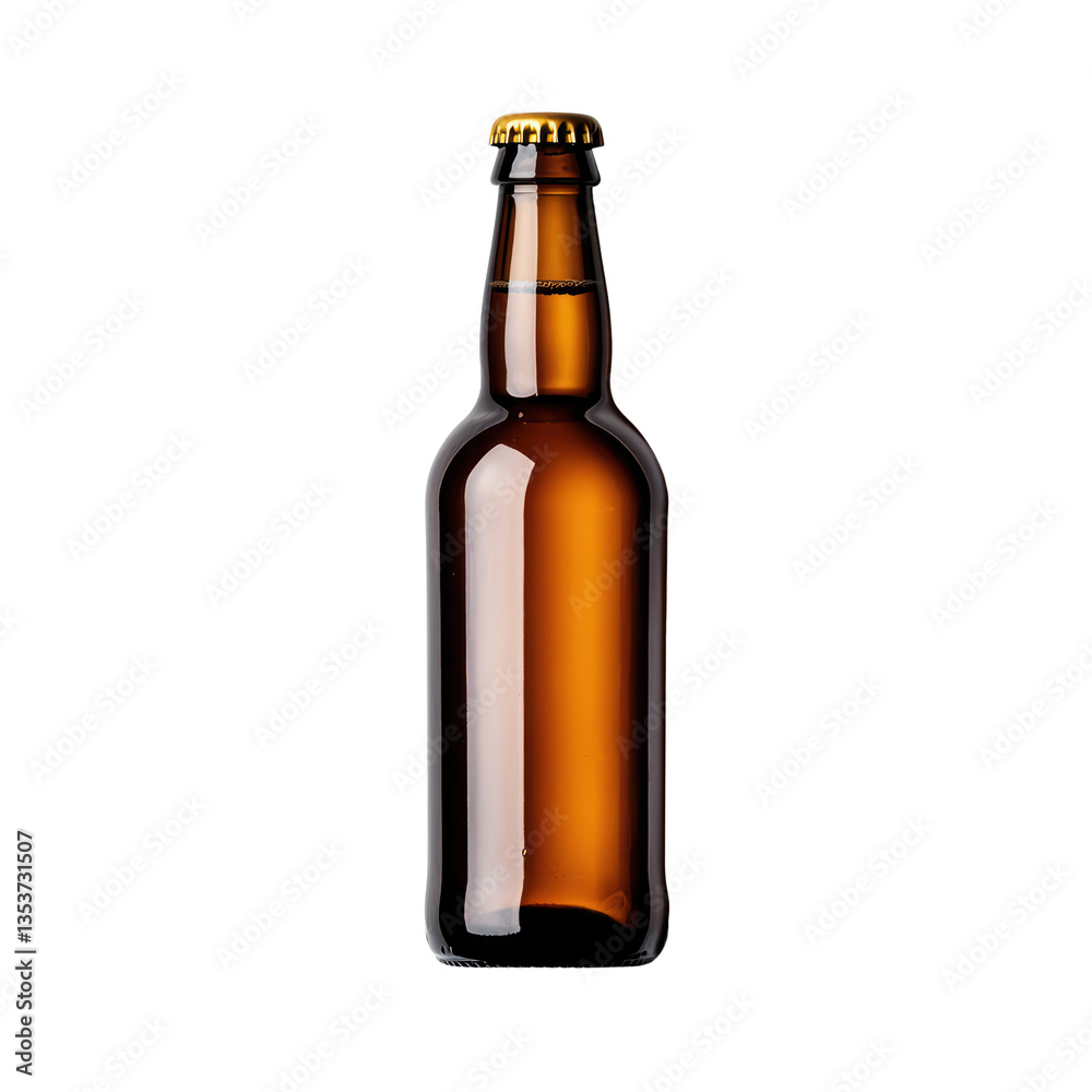 Classic amber beer bottle with golden cap Classic amber beer bottle with golden cap