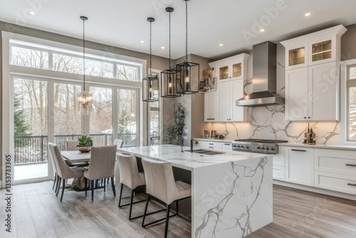 Wallpaper Mural a modern and stylish kitchen interior with an island, cabinets, and large windows offering a view Torontodigital.ca