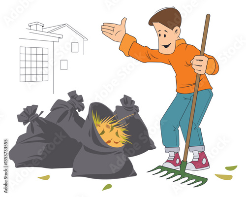 Man removes fallen leaves and trash.
