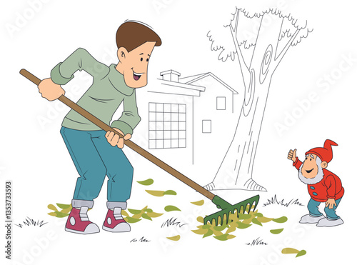 Man removes fallen leaves and trash.