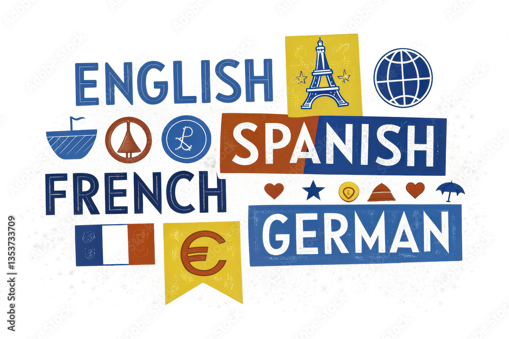 Fototapeta premium A colorful graphic displaying the names of various languages: English, Spanish, French, and German, along with iconic symbols representing each culture.