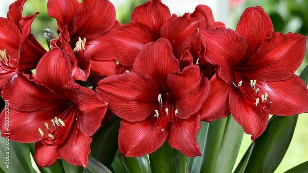 Beautiful red amaryllis flowers blooming in a vibrant garden during springtime