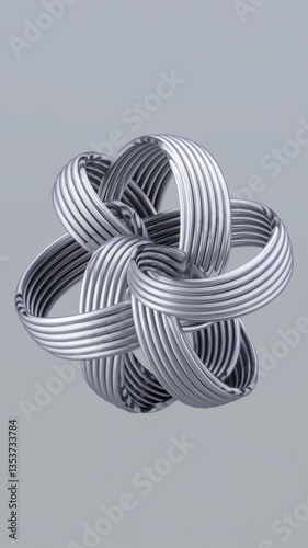 Complex three-dimensional structure composed of intertwined, helical metallic rings with a reflective surface, layered to create a spiral effect, set against a light-colored background.