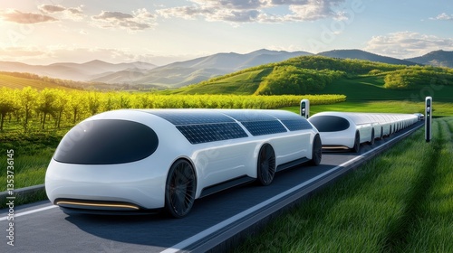 Carbon footprint, transportation and carbon-neutral concept. A futuristic transport system featuring sleek, elongated vehicles driving on a scenic road surrounded by lush greenery and mountains.