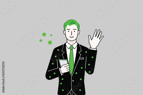 Friendly Greeting: Man Waving Hello with Phone, Communication and Connection. 