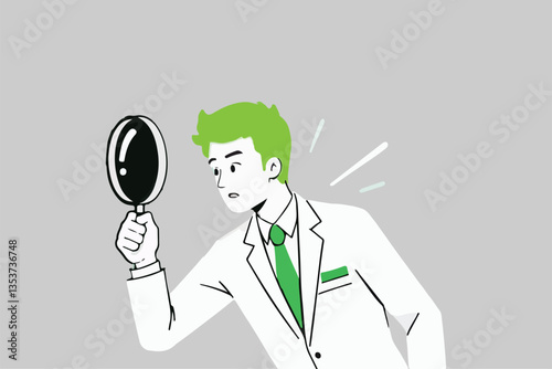 Detailed Analysis: Man with Magnifying Glass, Investigating Closely, Research Concept. 