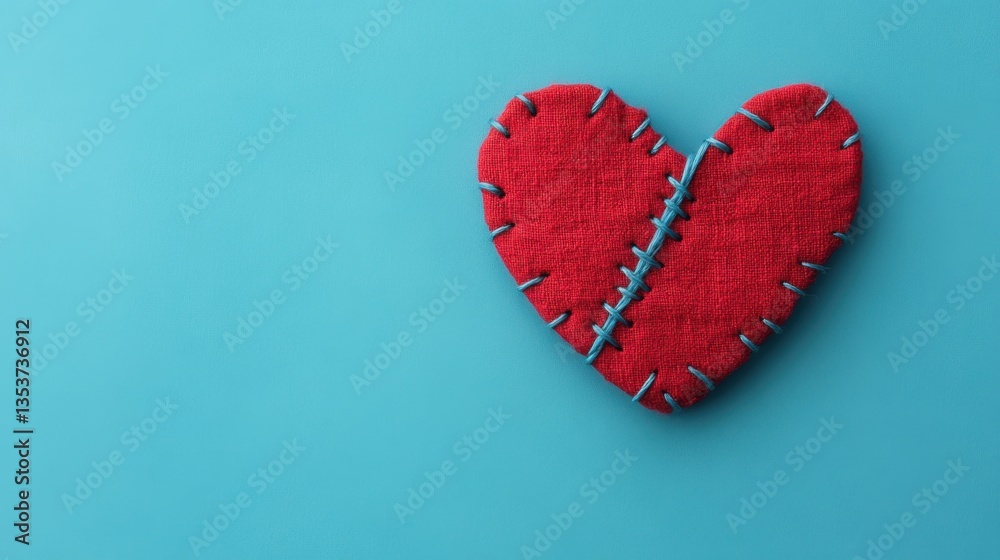 Fototapeta premium A broken heart sewn together with visible stitches using a thread and needle, symbolizing healing and emotional recovery