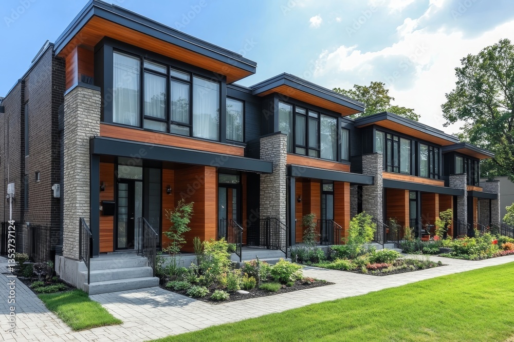 a row of modern townhouses with unique architectural designs and features, captured on a sunny day. The facade consists of a combination of wood and stone a row of modern townhouses with unique architectural designs and features, captured on a sunny day. The facade consists of a combination of wood and stone