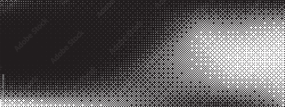 Bitmap texture background. Pixel dithering gradient. Black and white random pixels pattern. Retro glitchy vector art illustration. Monochromatic dissolve effect. 8 bit video game screen wallpaper.