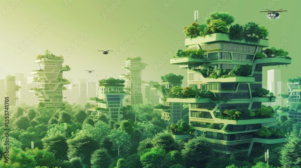 Obraz premium futuristic eco-city with green skyscrapers covered in lush vegetation. Sustainable urban design integrates vertical gardens, smart buildings, and flying vehicles, creating a harmonious blend of nature