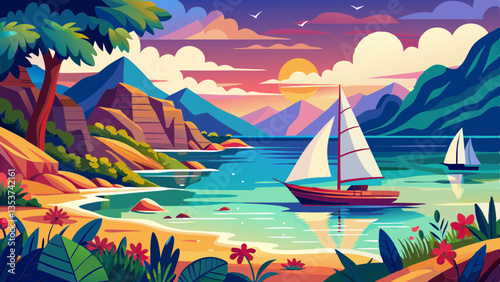 Tropical seascape with sailboat at sunny day. Sail yacht in beautiful lagune. Marine landscape with mountains and boat. AI generated vector illustration