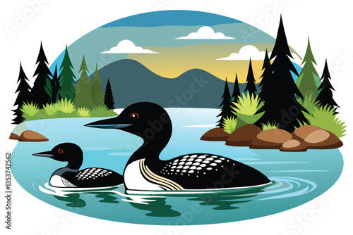 Loon Swimming In The Pond Vector Illustration Vector