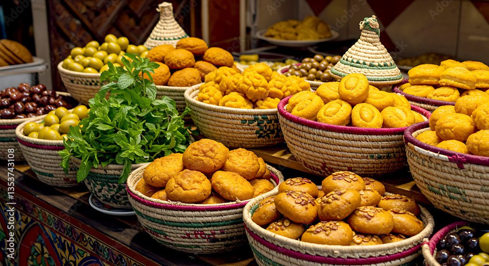 Fototapeta premium Moroccan bakery display with khobz and msemen 