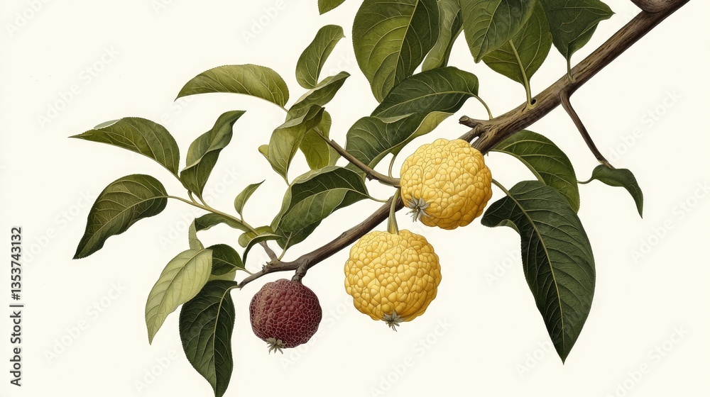 Obraz premium Antique-style botanical illustration of a custard apple, with rich linework, realistic shadows, and elegant detailing.