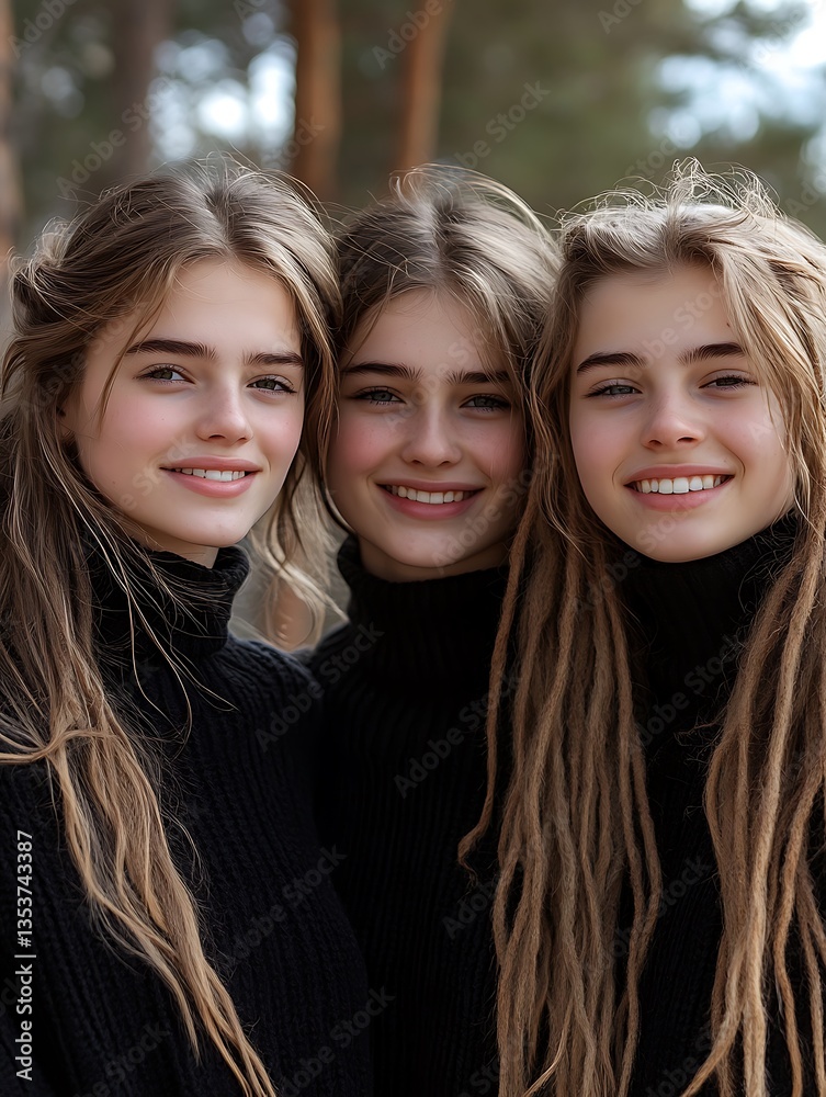 Obraz premium Three young women wearing black sweaters posing together outdoors