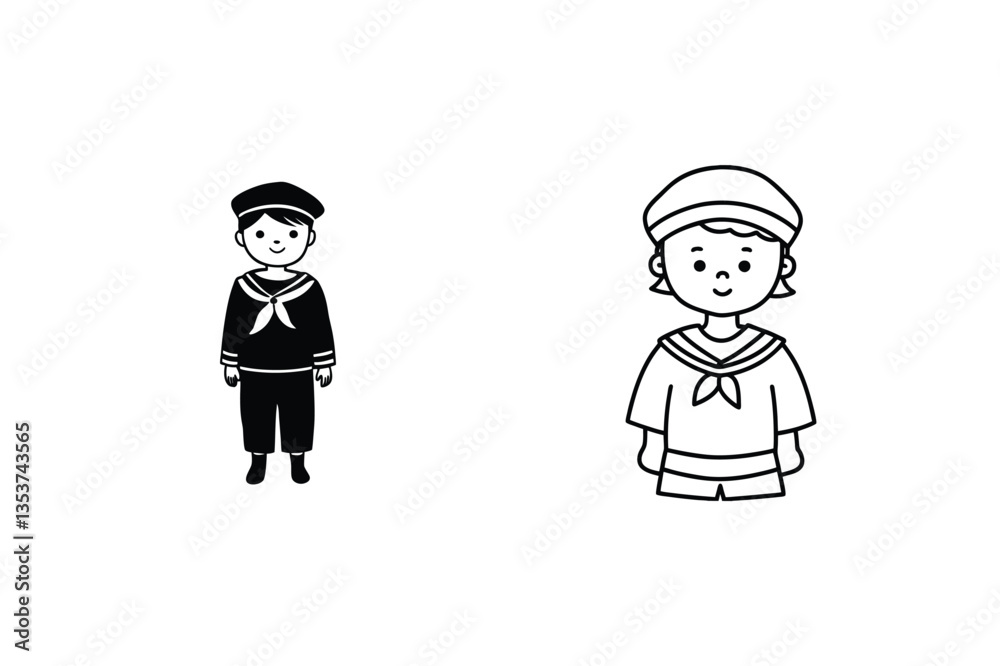 Sailor Boy, Girl Illustrations Black, White Line Art, Cute, Child, Nautical, Outfit, Design, Simple, Sailor Boy, Girl Illustrations Black, White Line Art, Cute, Child, Nautical, Outfit, Design, Simple,
