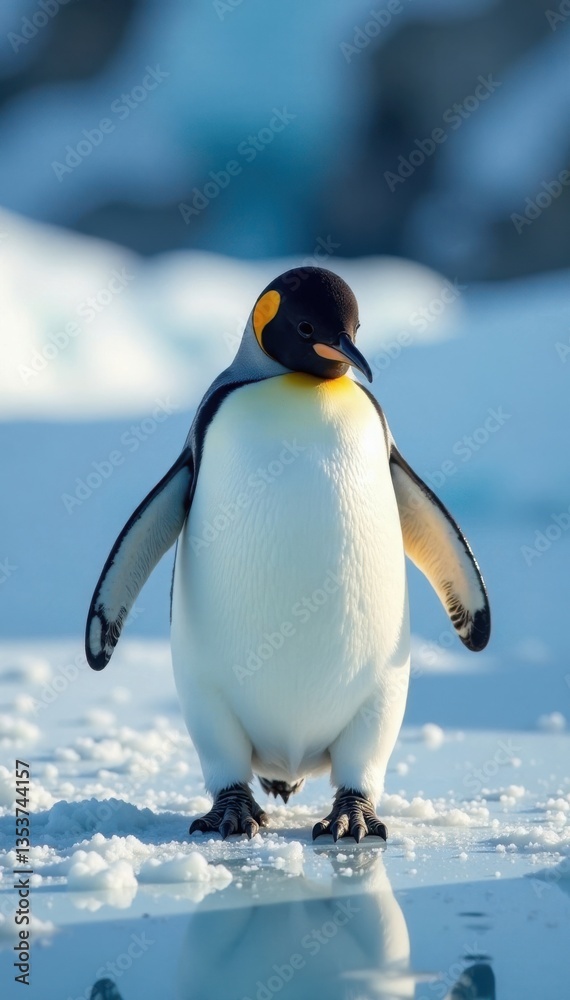 Fototapeta premium Adorable penguin waddling on ice , snow, waddle