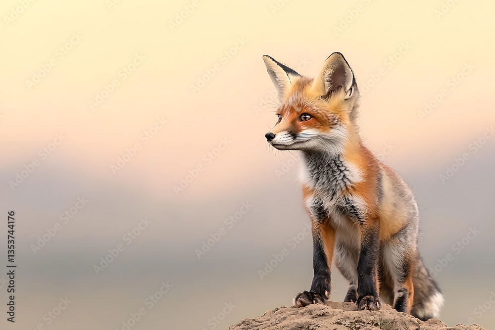 Obraz premium Red Fox Kit Sunset Meadow Vigil.