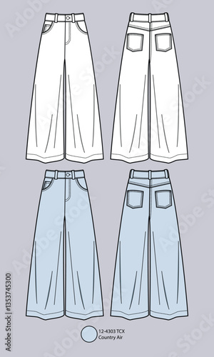 Flat Drawing of Wide Leg Trouser Palazzo Pant Technical Drawing Flat Sketch Woman Fashion Design