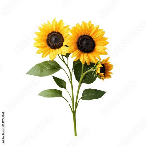 Bright sunflowers in full bloom with green leaves