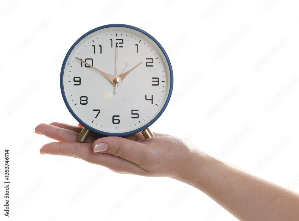 Woman with alarm clock on white background, closeup Woman with alarm clock on white background, closeup